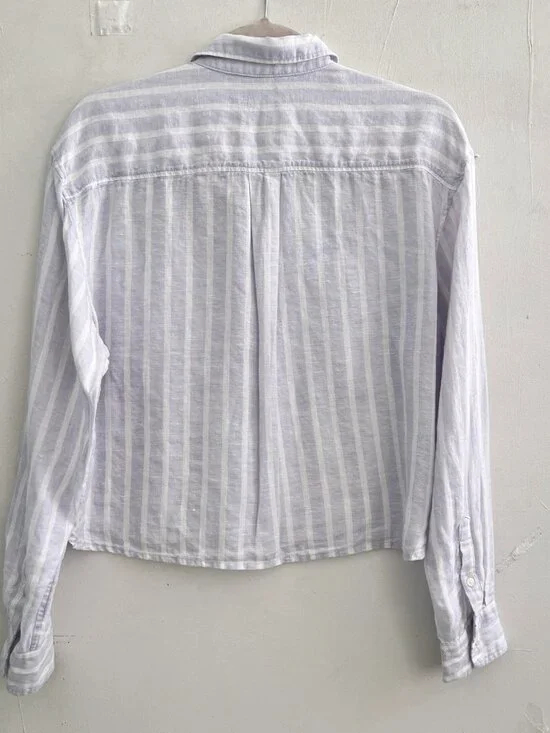 NEW Gap 100% Linen Cropped Shirt Button Up Womens S Blue White Stripe Boxy SMALL - Picture 5 of 7